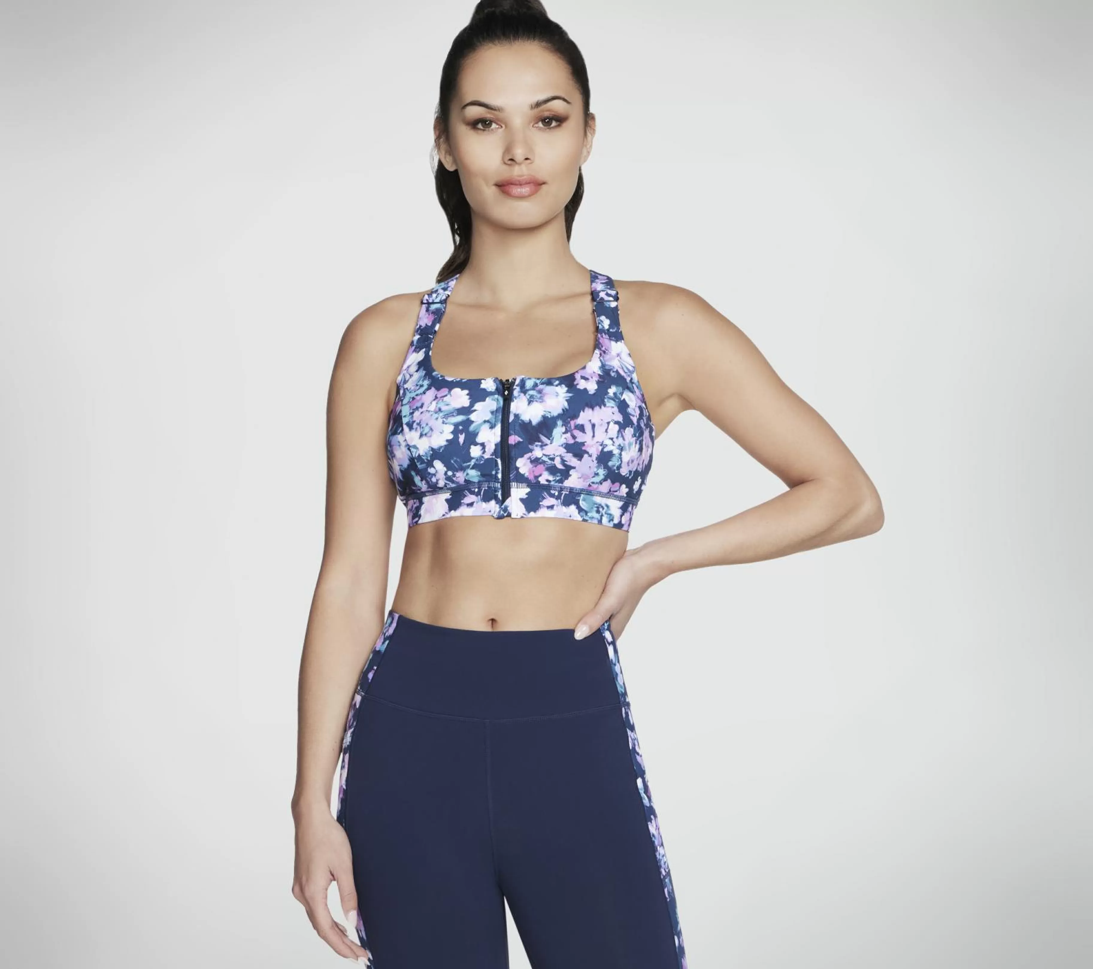 Partes De Cima | Partes De Cima | SKECHERS Misty Floral Zip-Front Bra AZUL / LAVANDA